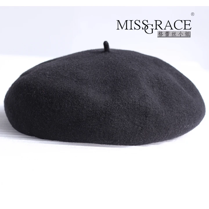 

Wool high quality female woolen beret hat winter thermal painter cap black
