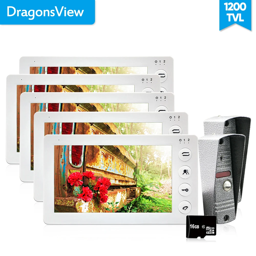 Видеодомофон Dragonsview для разных квартир система связи 5 мониторов 2 Дверных звонка - Фото №1