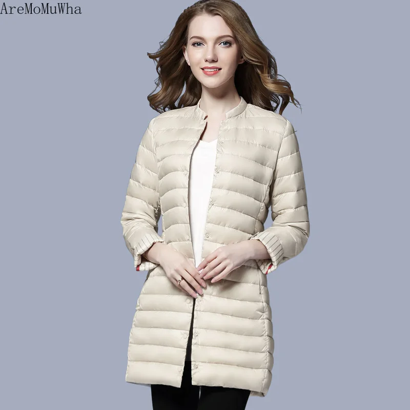 2020 Winter New  Commuter Light and Thin Collarless Mid-length Down Jacket Women's Lightweight Stand-up Collar Round Neck Coat