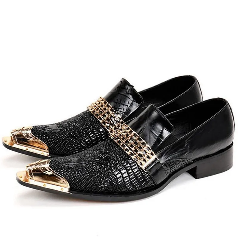 

Christia Bella New Fashion Genuine Leather Men Office Shoes Big Size Chain Splicing Pointed Toe Slip on Formal Party Dress Shoes