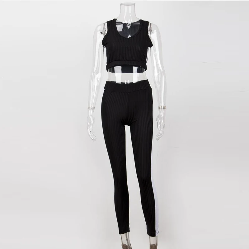 

Summer Women's Sleeveless Crop Top and Pants 2pcs Suits Striped Knitted Tracksuit Casual Tank Tops + Legging Pants Two Piece Set
