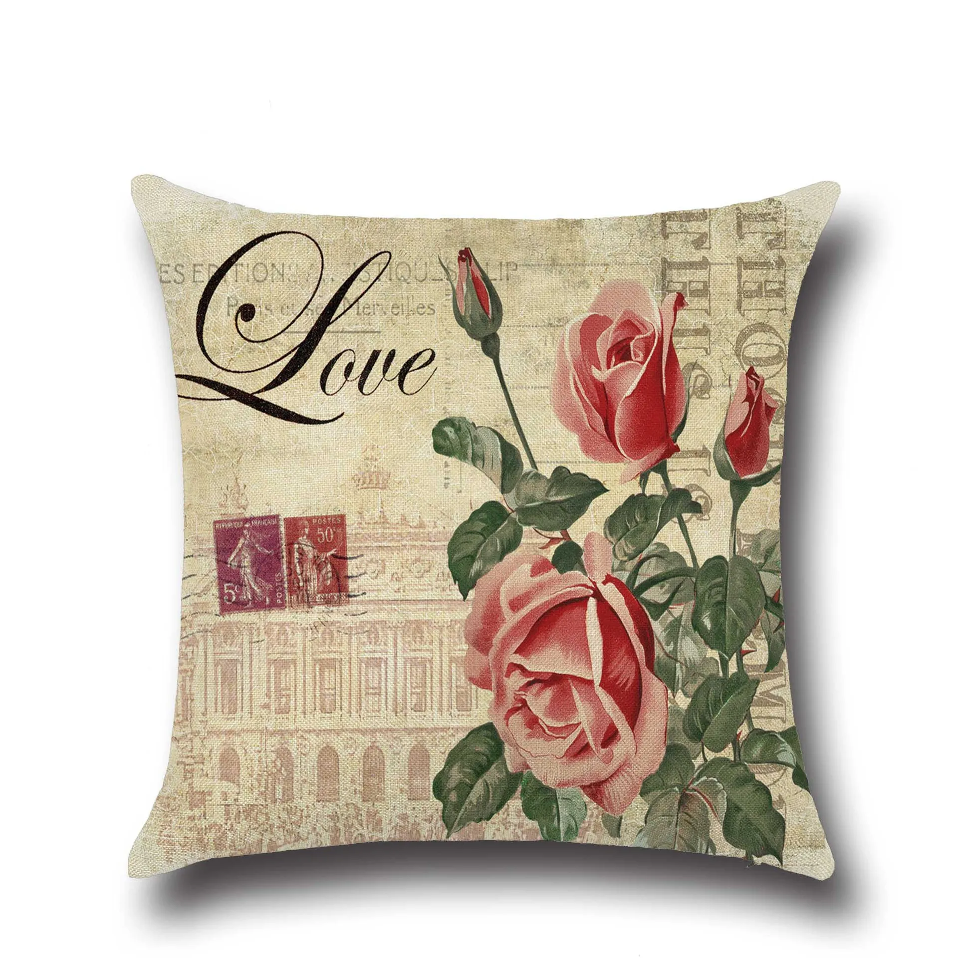 Чехол для подушки в американском стиле с изображением роз хлопковый льняной