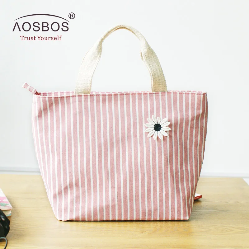 Pink Aosbos в полоску, портативные Термосумки для обеда для женщин, детей, мужчин, модная сумка-холодильник для пикника, сумка для обеда, изолированная сумка для путешествий, сумки для еды - Color: Pink