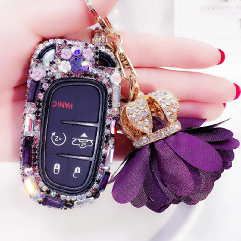 Purple folwer Автомобильный чехол для ключей роскошный Алмазный Блестящий держатель для ключей сумка для Dodge Journey charger Jeep Renegade Grand Cherokee Chrysler 200 300 - Название цвета: Purple folwer