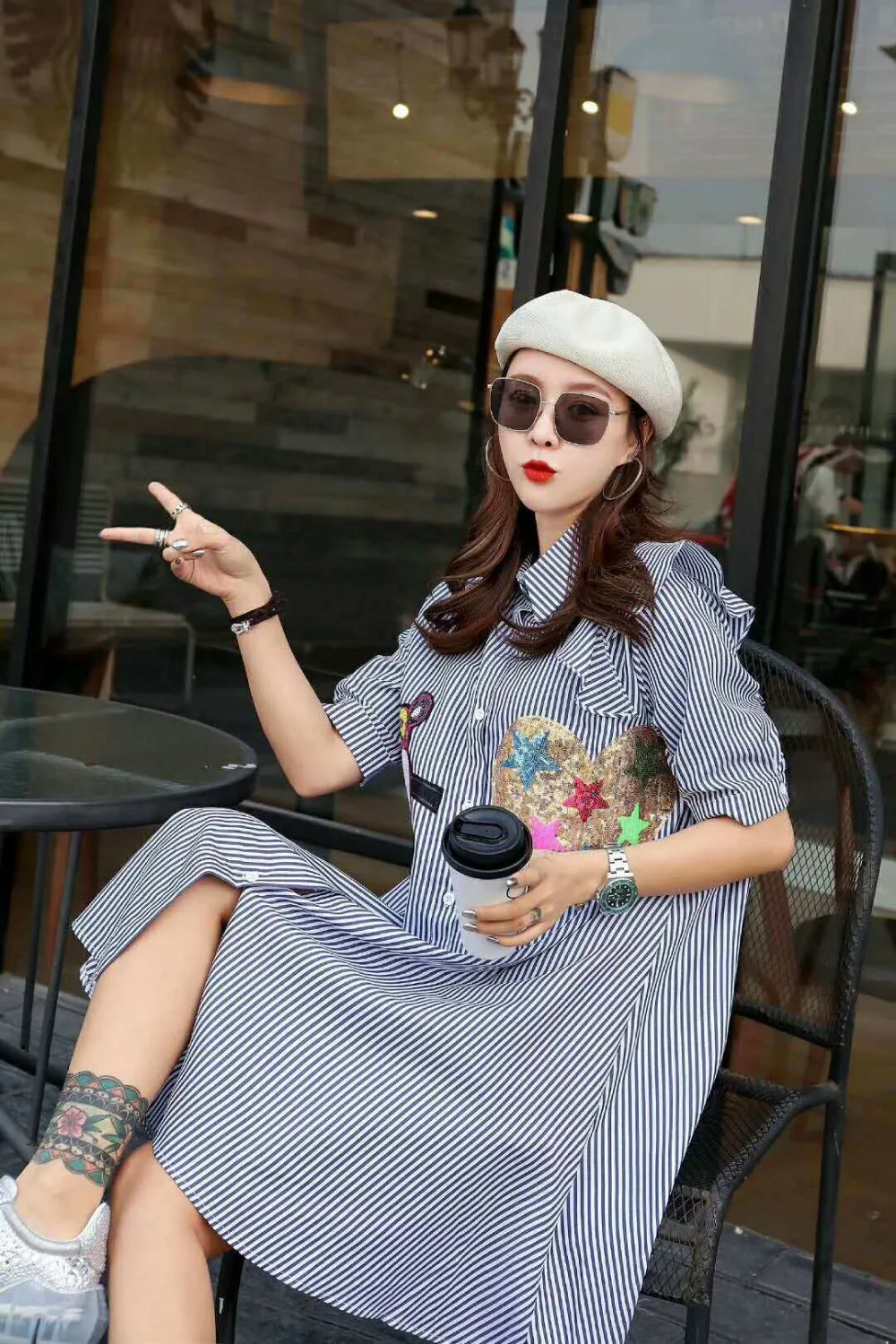 Студенческие корейские повседневные свободные Полосатое платье рубашка для