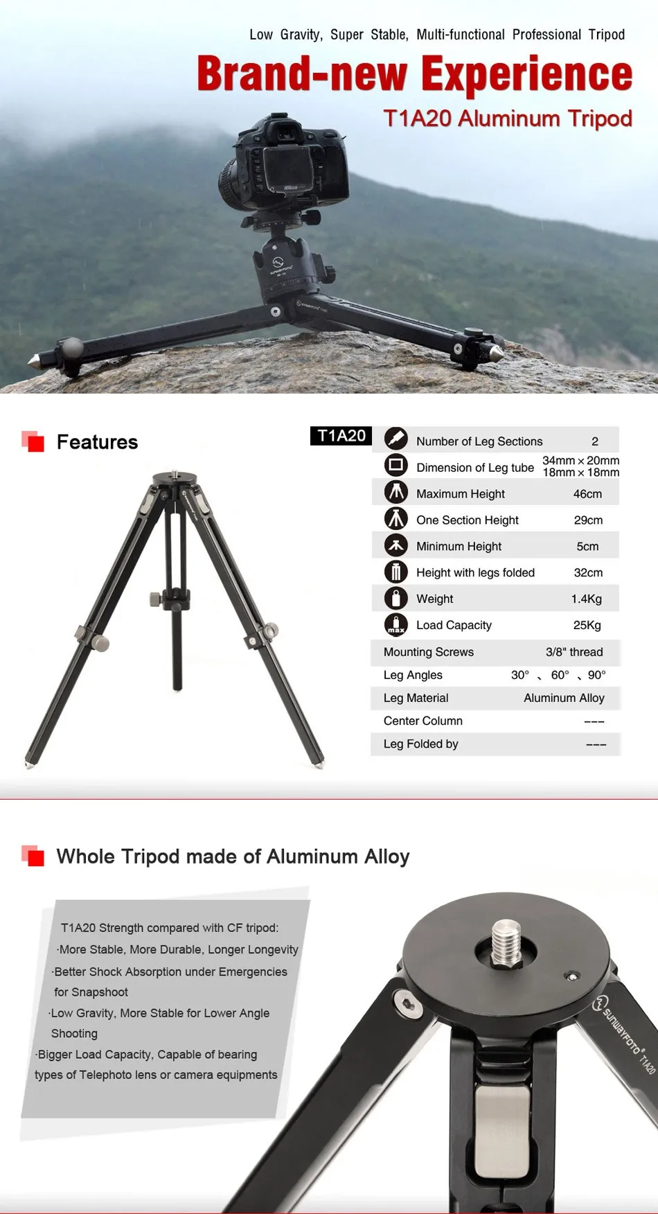 SUNWAYFOTO T1A20 Трипод алюминиевый Профессиональный Трипод для камеры dslr низкоуровневый Трипод наземный совместимый с RRS