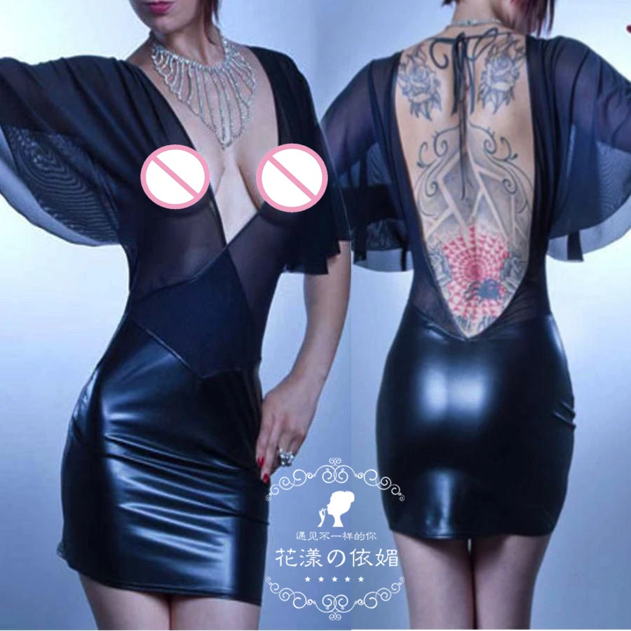 Платье из латекса с глубоким треугольным вырезом сексуальное Клубное платье