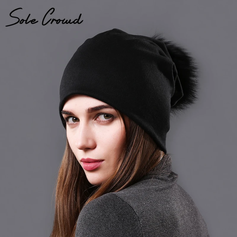 Шапки с помпонами из натурального меха енота, осенние шапки skullies beanies, женские модные однотонные кепки, зимняя теплая Женская хлопковая шапка