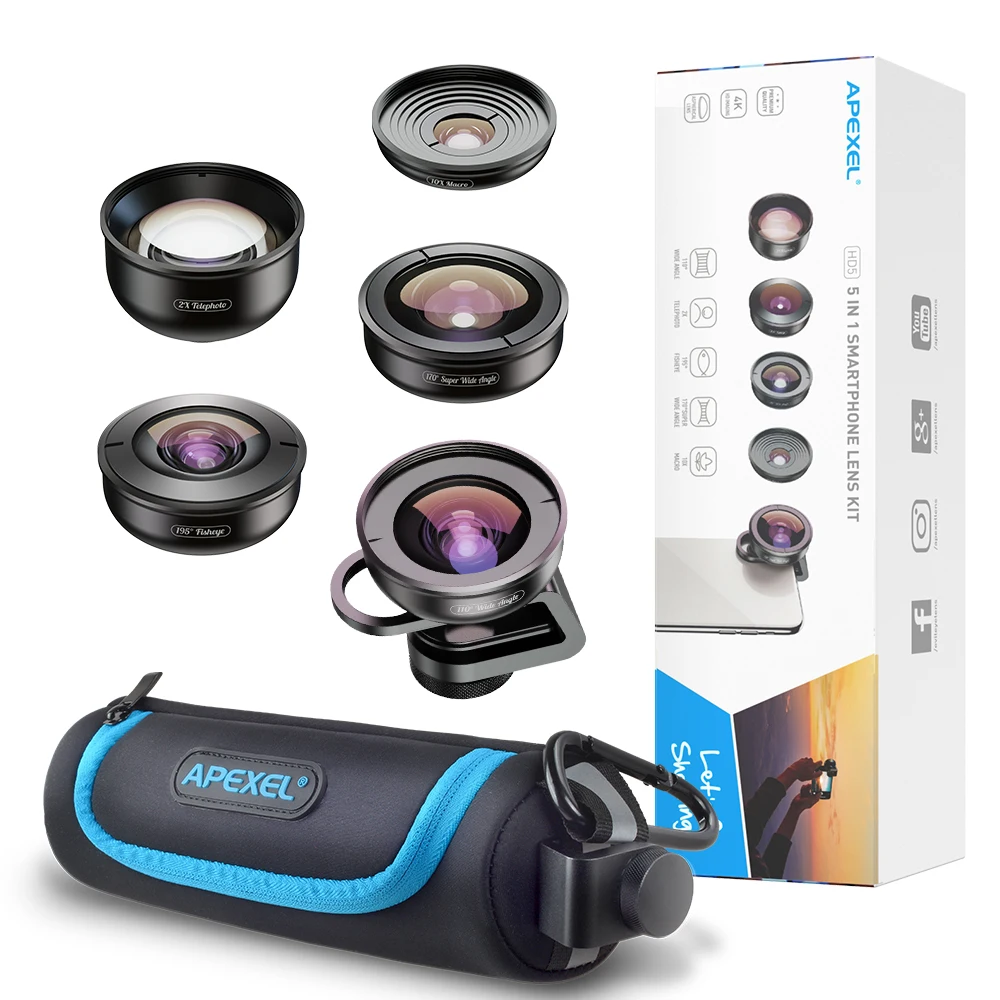 APEXEL 5в1 чехол для объектива мобильного телефона Комплект для фотосъемки HD рыбий глаз супер широкий угол 4K макро телескоп набор объективов для samsung iPhone