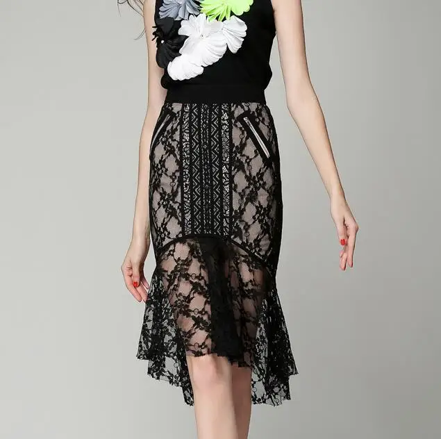 

SIPAIYA 2017 Office Ladies Sexy Transparent Slim Mermaid Skirt Black Lace Patchwork Hollow Out Splice Sexy Skirt Floral Crochet