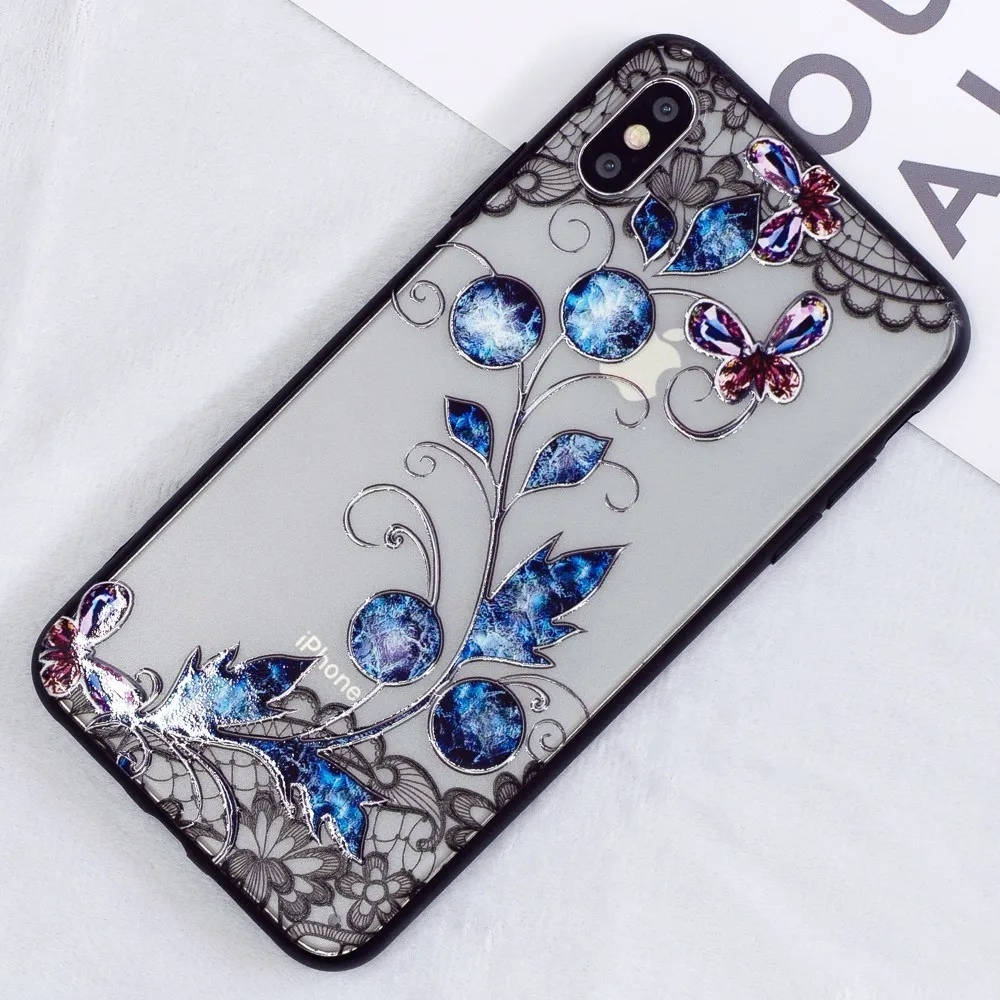 Чехол для Телефона iPhone X XS XR Max 3D Алмазная кружевная Цветочная задняя крышка чехол