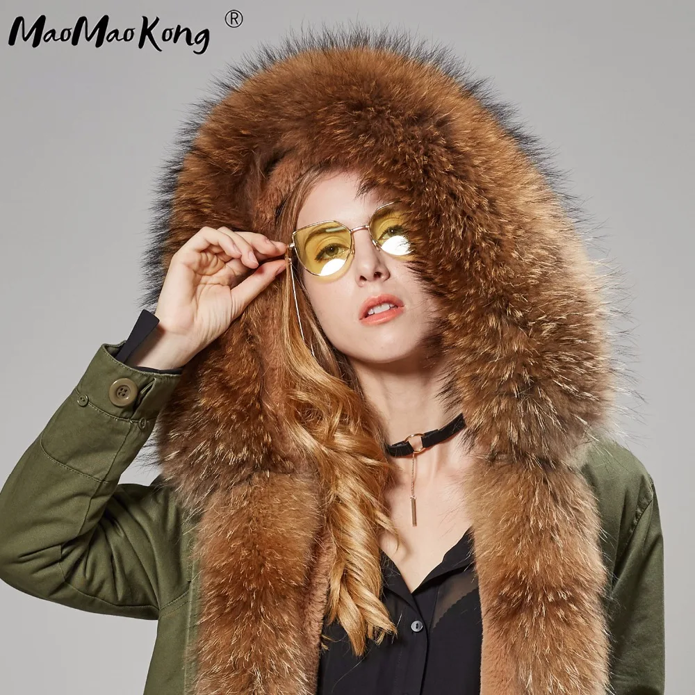 MAO KONG новинка 2019 Длинная тонкая зимняя куртка Parker Съемная Паркера с воротником из