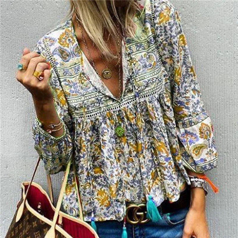 ELSVIOS летние кружевные лоскутные ретро рубашки сексуальный пуловер с v-образным