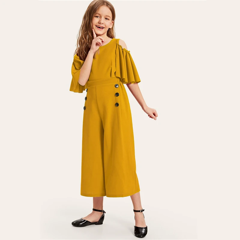 SHEIN/детский однотонный повседневный комбинезон с открытыми плечами и пуговицами сбоку для девочек; коллекция года; сезон лето; свободные длинные Комбинезоны на молнии с рукавами-воланами