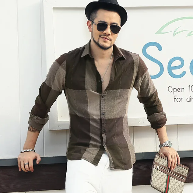 Новая Осенняя Модная брендовая мужская одежда приталенная Мужская рубашка с