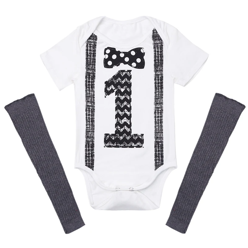 2pcs9-12months детские для маленьких мальчиков Наряд Рубашка с короткими рукавами с принтом номер один первый день рождения ползунки+ Гетры для девочек новорожденных Для маленьких мальчиков комплект