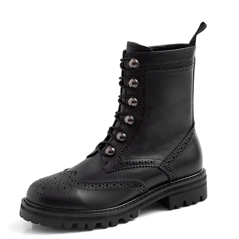 ISNOM Motorcycle Boots Women Mid-Calf Military Boot Round Toe Neutral Brogue Shoes Female Cross Tied Rivet Casual Shoes Ladies - Цвет: black