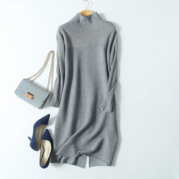 women's fashion wool knit mid-long pullover sweater dress half-high collar wide waist H-style drop-shoulder sleeve S-2XL | Женская