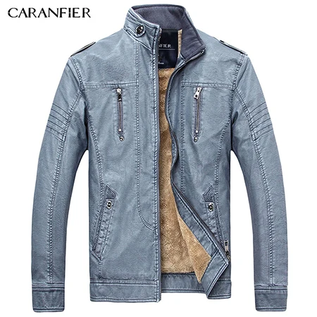 Caranfier Новинка года Для мужчин Повседневное мотоциклетная куртка из искусственной кожи Верхняя одежда зрелые бизнесменов Стиль Молнии мотоциклетная куртка Пальто и пуховики - Цвет: Небесно-голубой