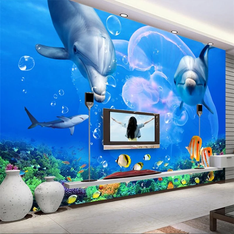 

wellyu Dolphin Great White Shark Underwater World TV Wall Custom Large Mural Green Wallpaper papel de parede para quarto