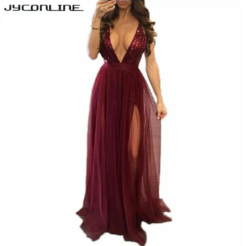 Женское длинное платье JYConline вечернее Сетчатое в пол без рукавов с блестками |