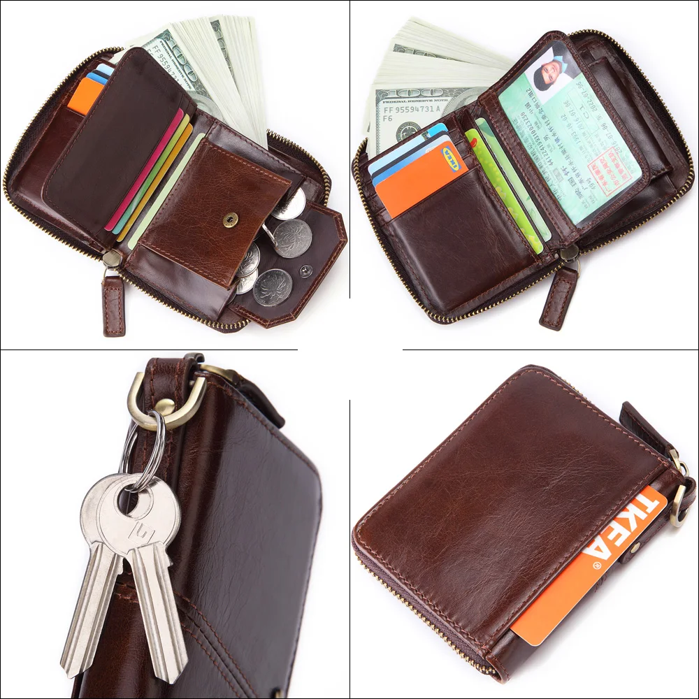 Мужской короткий кошелек Meesii винтажный из натуральной коровьей кожи на молнии с