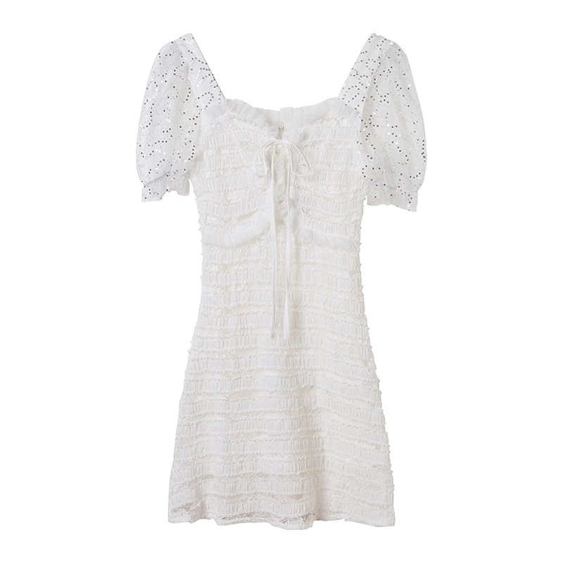 

PERHAPS U White Puff Sleeve Short Sleeve Square Collar Sequined Lace Mesh Mini Dress Lace-up Bow Summer Elegant D1727