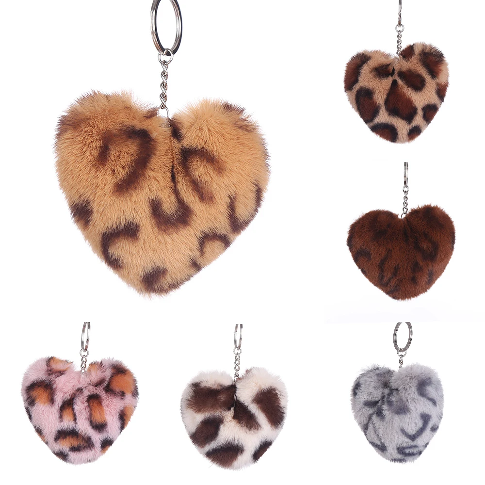 Пушистый брелок с помпоном леопардовое сердце искусственный кроличий мех