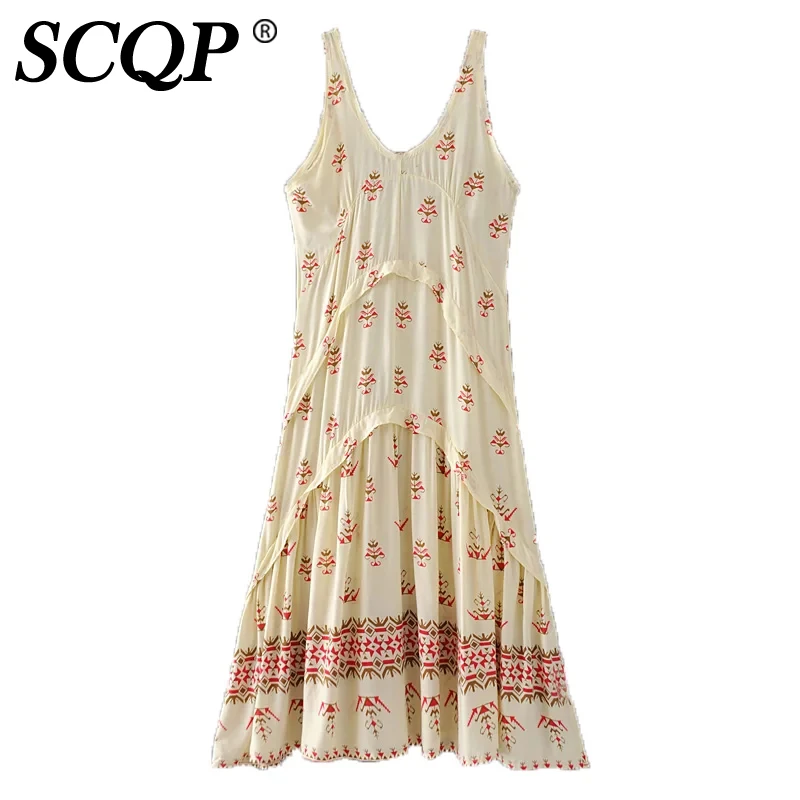 SCQP Спинки Отпечатано Ruffles Beach Dress Дамы Рукавов Глубокий V-образным Вырезом Чешские