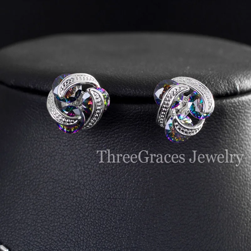 ThreeGraces Trendy Cubic Zirconia Mystic Rainbow Created Ring Necklace Pendant and Earrings Fashion Jewelry Set For Women JS177 | Украшения