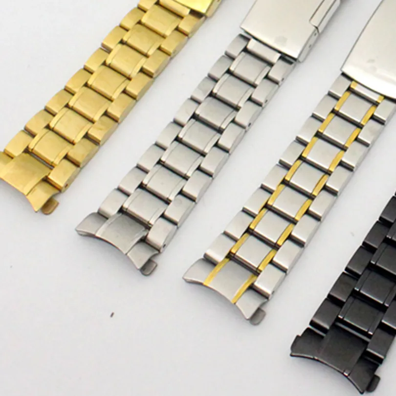 

Stainless Steel Solid Links Watch Band Strap Bracelet Curved End / Arc Degree 18/19/20/22mm + Tool