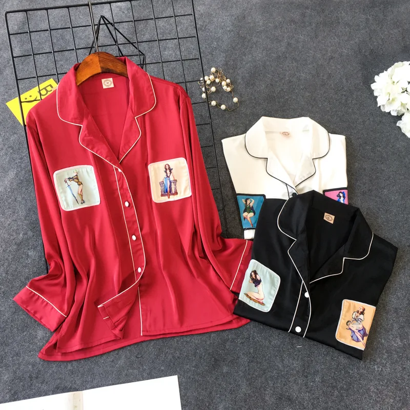 Пижамный комплект Женский атласный из 2 предметов одежда для сна с длинным