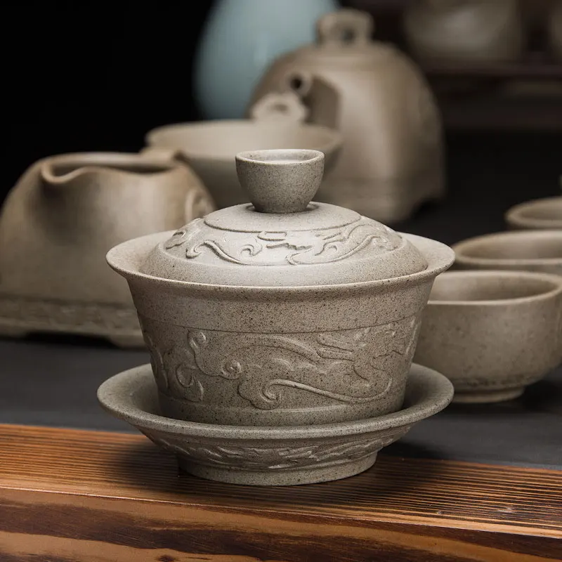 Чайный сервиз gaiwan dragon relief фарфоровая чаша с покрытием ручной работы китайские