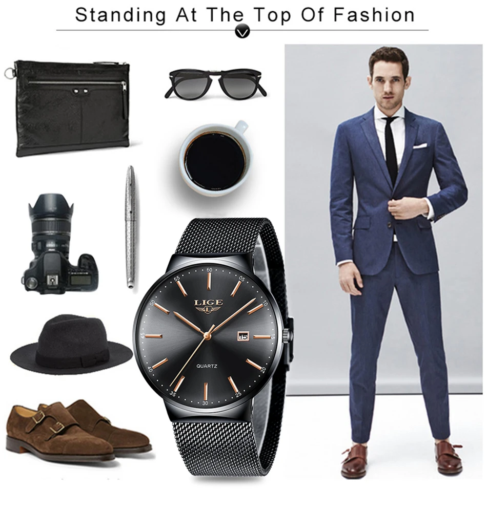 Relogio Masculino, новинка, мужские часы s, LIGE, Топ бренд, Роскошные, модные часы, тонкая сетка, дата, водонепроницаемые, кварцевые часы для мужчин, синие часы