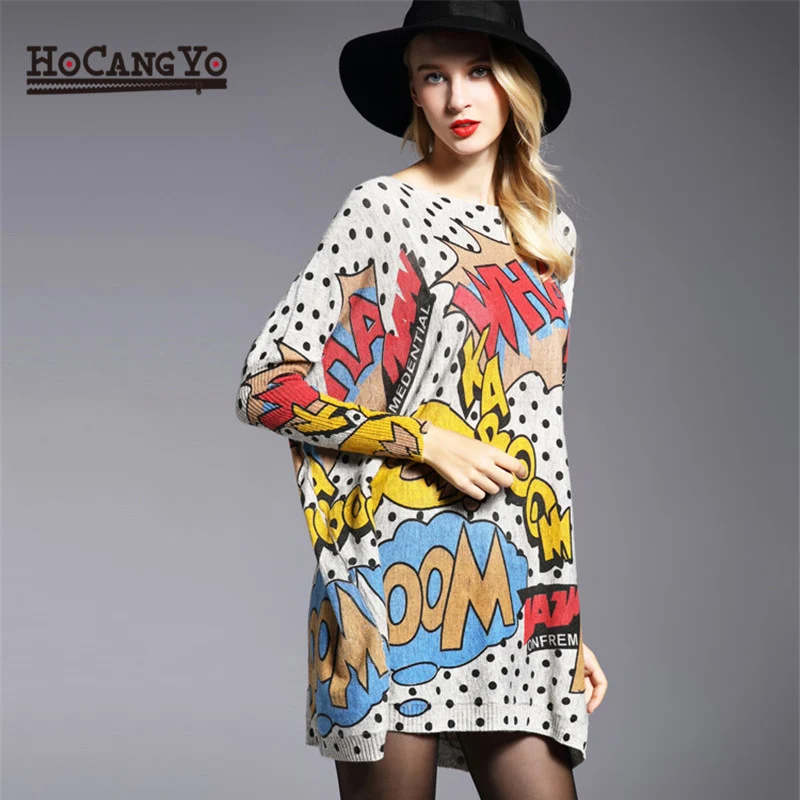 HCYO Oversized Fashion Women Long Sweaters Shirt Slash Neck Batwing Sleeve Print Pullovers Clothing Female Loose Casual Sweater | Женская