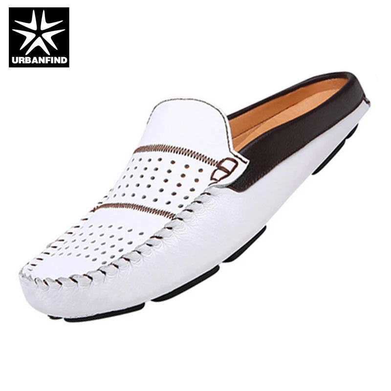 URBANFIND New Fashion Man Leather Flats British Half Slipper Loafers EU 38-44 Summer Men Driving Shoes Black / Dark Blue White | Обувь