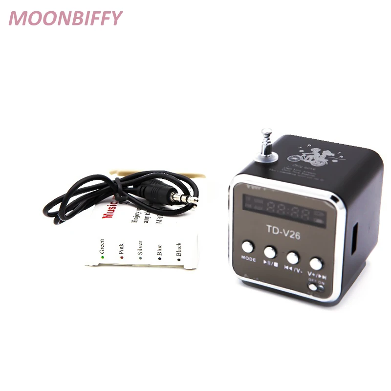 MOONBIFFY TD-V26 Aluminum Mini Portable FM Radio with Speaker LED Digital Support SD/TF Card U Disk for PC/MP3/4/Mobile/Tablets - Цвет: Черный