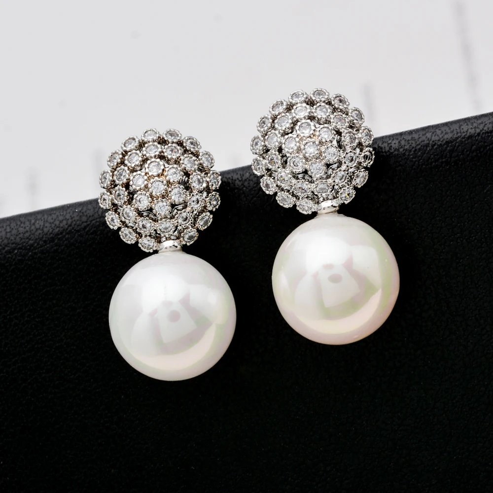 Luxurious round pearl miniature inlaid zircon ear studs Girls/women's party bridal jewelry earrings ER-276 | Украшения и