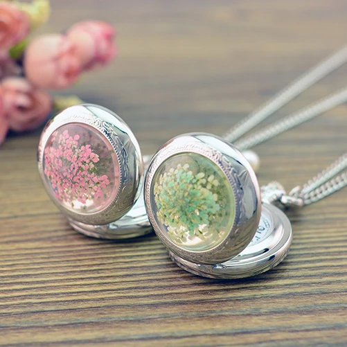 Vintage Silver Color Jewelry Newest Dry Flower Statement Necklace &amp Pendants Women pocket watch accept Customized photo | Наручные