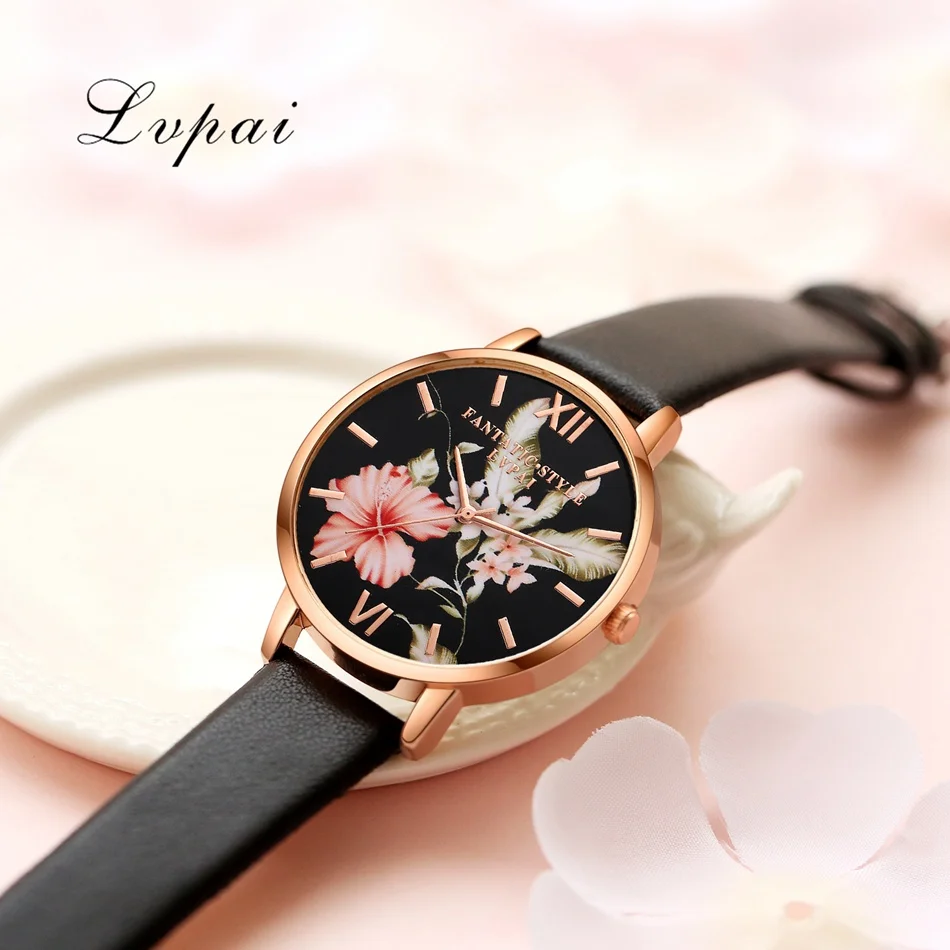 Женские Часы Lvpai Бренд Розовое Золото Цветы Кожа Краткий Наручные Лучший Класса