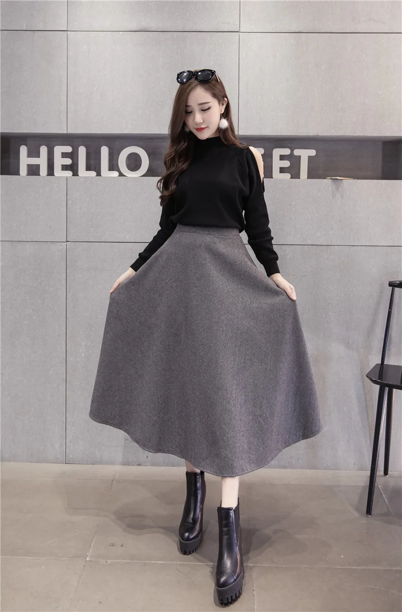 Осень-зима, женские теплые шерстяные юбки, женская элегантная Корейская версия, юбка с высокой талией для девушек, Длинные шерстяные юбки для женщин