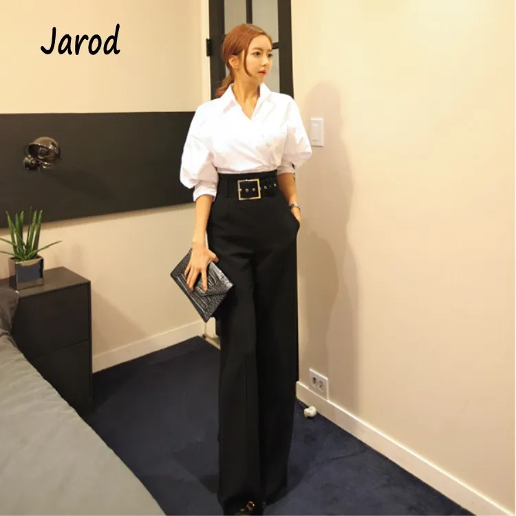 Two Piece Set Весенний женский комплект из двух предметов, белая нестандартная Рабочая Рубашка, топы+ длинные штаны с высокой талией, женская одежда, офисные костюмы для девушек - Цвет: Two Piece Set