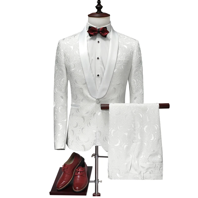 2019 Lastest Coat Pants Design Men Tuxedos Elegant White Flower Printing Slim Fit Groom Tuxedos Blazer Wedding Party Suits