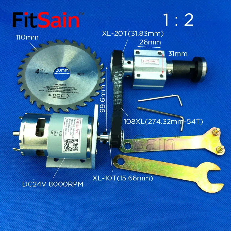 

FitSain-DC24V 8000RPM Mini table saw for 4" saw blade 110mm hole 16mm/20mm XL 10 20 teeth spindle aluminum alloy Pulley 1 : 2