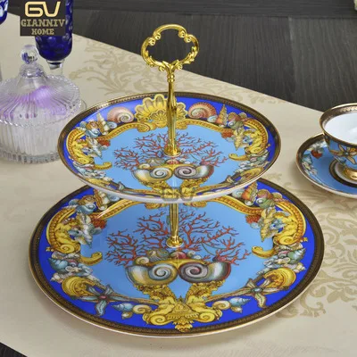 

European Bone China Double Decker Plates Conch Style Cake Fruit Snack Plate Afternoon Tea Ceramic Tray Tableware Decoration