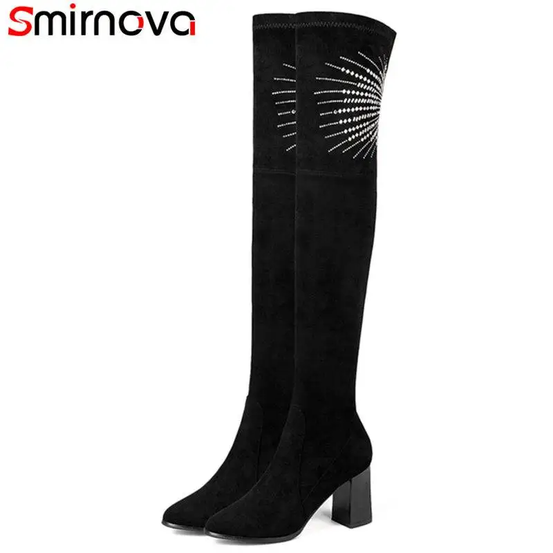 

Smirnova большой размер 33-45 2018 горячие модные детские замшевые сапоги на молнии с острым носком выше колена сапоги для женщин rhinstone зимние сапоги