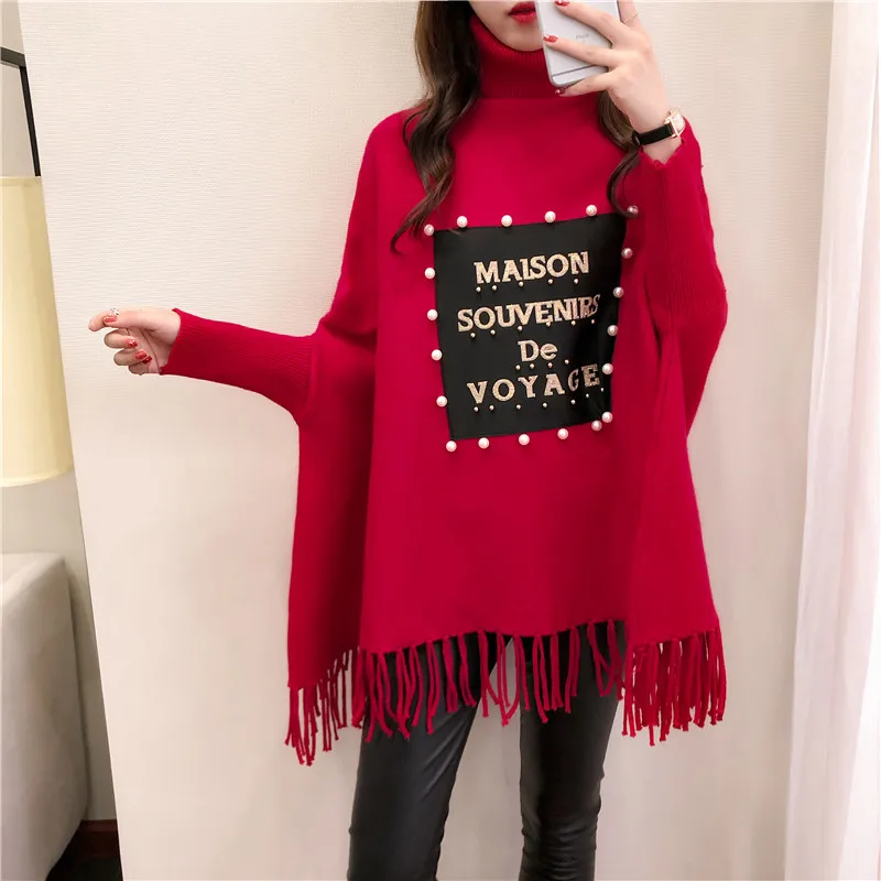 2021 Women Pullover Fashion Beaded Patch Sweater Autumn Winter Warm Wrap Swing Turtleneck Long Sleeve | Женская одежда