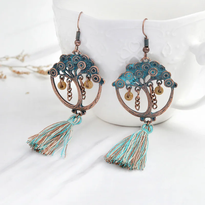 Винтаж Древо жизни кисточкой серьги падения Мода ретро Подвески Серьги для