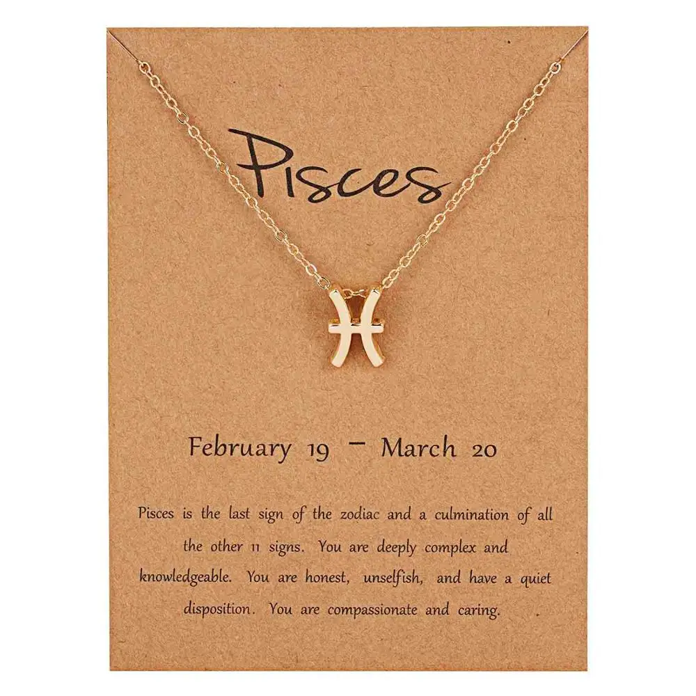 gold Pisces Rinhoo 12 Constellation Necklace Zodiac Sign necklace with Card Pendant Necklace charm Message Card Birthday Gift for Women Girl - Окраска металла: gold Pisces