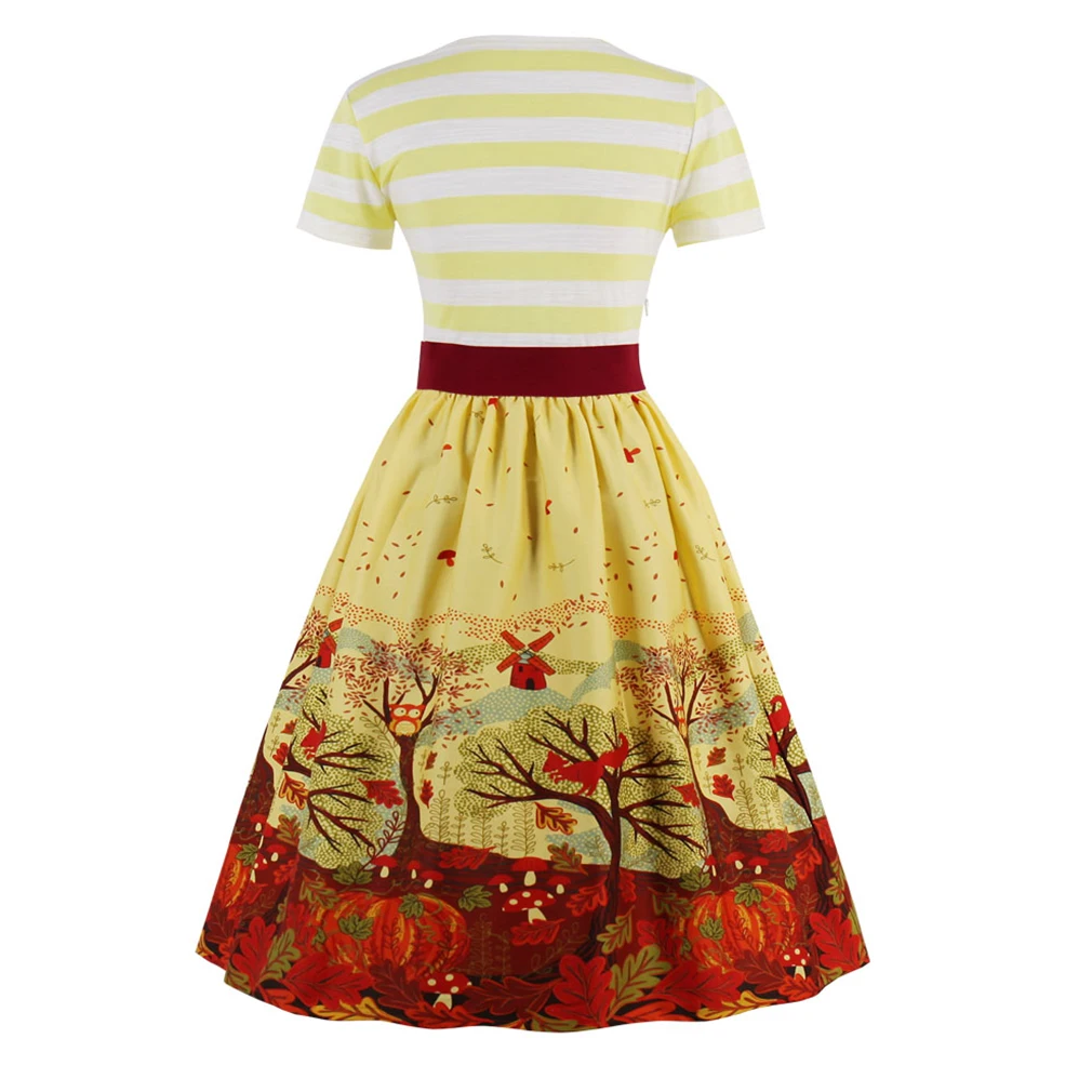 Женское винтажное платье в стиле Хепберн желтое с принтом туника 50 х годов